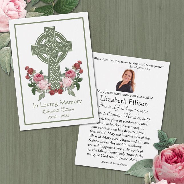 Moss Green Celtic Cross Funeral Memorial Prayer  (Traditional Catholic Irish Celtic Cross with roses funeral prayer card)