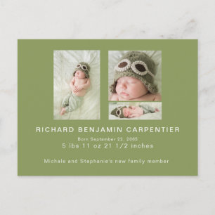 Moss Green Collage Photo Birth  Announcement Postcard