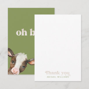 Moss Green Cow Oh Boy Baby Shower Thank You Card