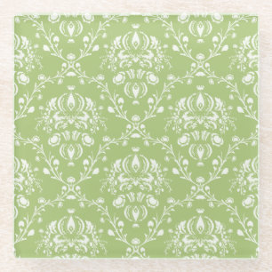 Moss Green Damask Glass Coaster
