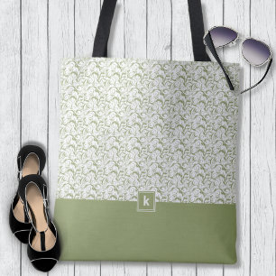 Moss Green Damask Pattern Monogram Tote Bag