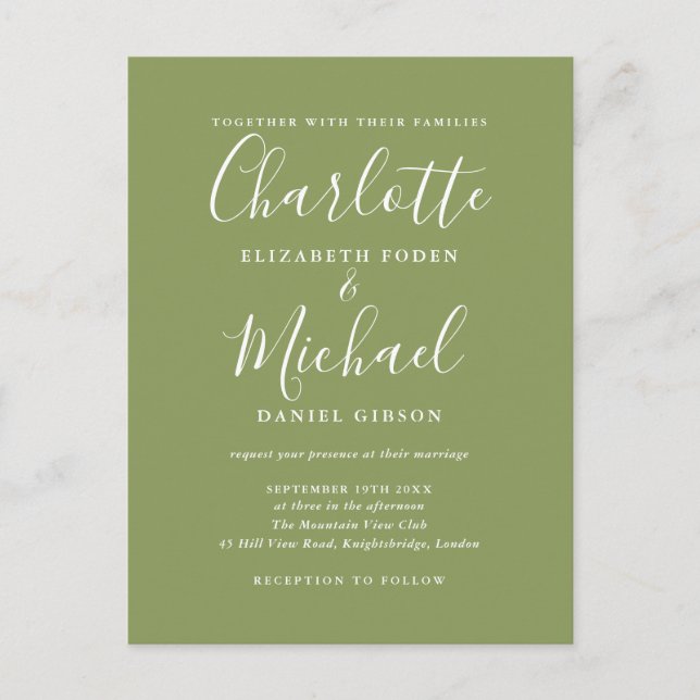 Moss Green Elegant Modern Script Wedding Invitation Postcard (Front)