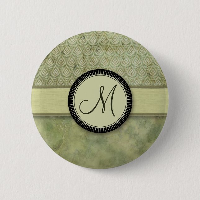 Moss Green Feather Pattern with Monogram 6 Cm Round Badge (Front)