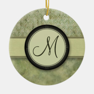 Moss Green Feather Pattern with Monogram Ceramic Tree Decoration
