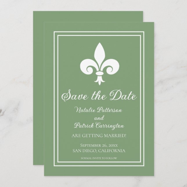 Moss Green Fleur de Lis Save the Date Invite (Front/Back)