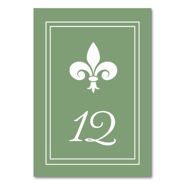 Moss Green Fleur de Lis Table Number Card (Front)