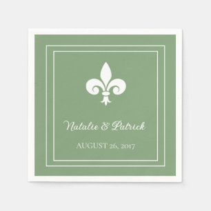 Moss Green Fleur de Lis Wedding Paper Napkins