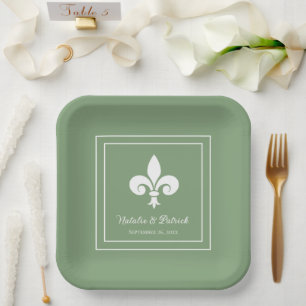 Moss Green Fleur de Lis Wedding Paper Plates