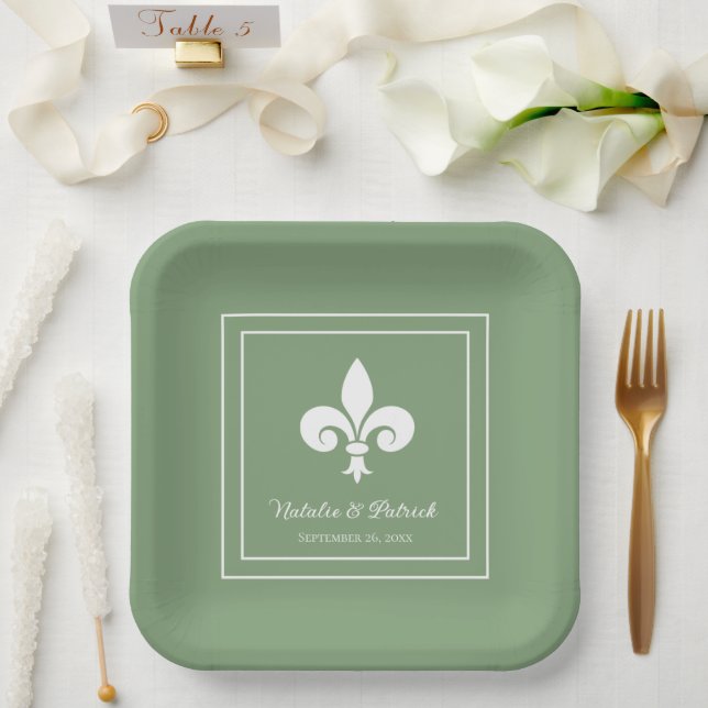 Moss Green Fleur de Lis Wedding Paper Plates (Wedding)