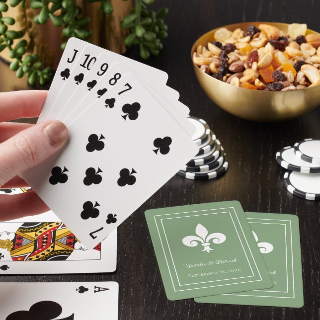 Moss Green Fleur de Lis Wedding Playing Cards (In Situ)