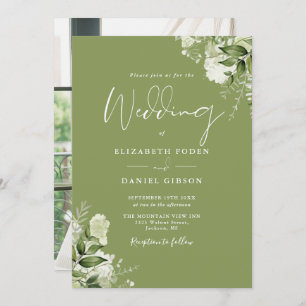 Moss Green Floral Greenery Elegant Photo Wedding Invitation
