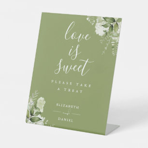 Moss Green Floral Greenery Love Is Sweet Favour Pedestal Sign