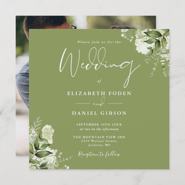 Moss Green Floral Greenery Photo Square Wedding Invitation (Front/Back)