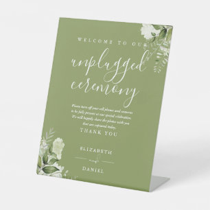 Moss Green Floral Greenery Unplugged Ceremony Pedestal Sign