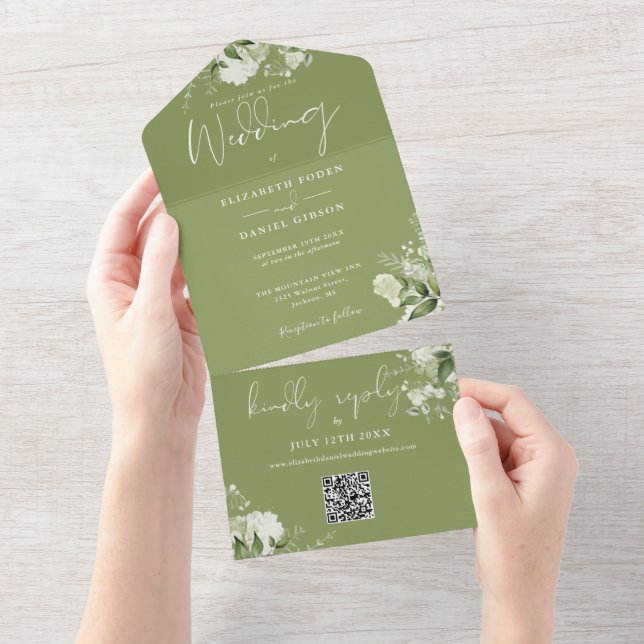 Moss Green Floral QR Code Monogram Wedding All In One Invitation (Tearaway)