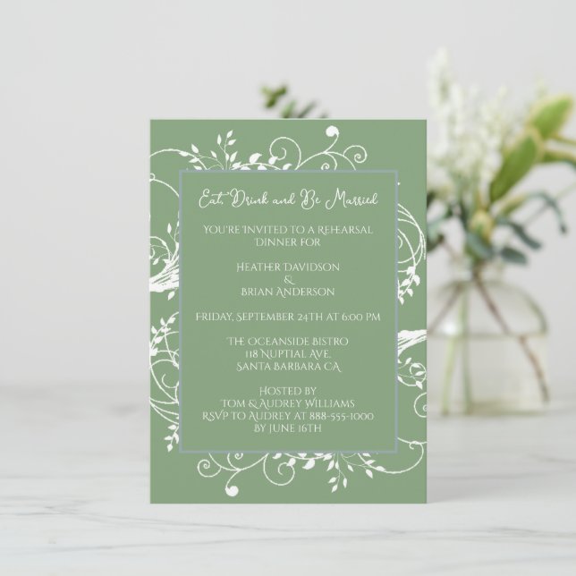 Moss Green Flourish Rehearsal Dinner Invitation (Standing Front)