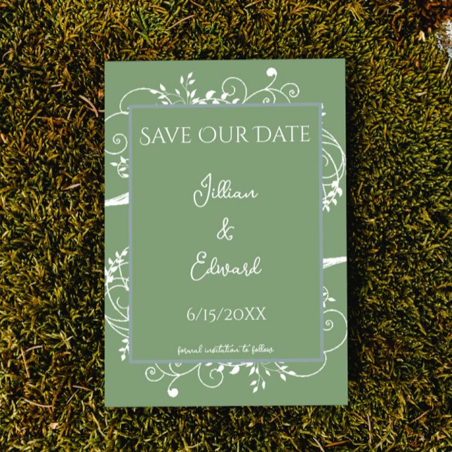 Moss Green Flourish Save The Date Announcement (Moss Green Flourish Save the Date Wedding Announcement)