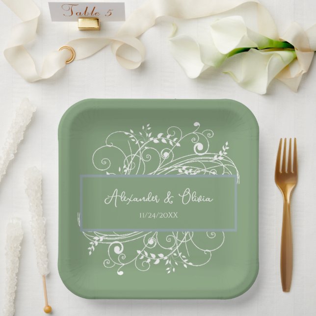 Moss Green Flourish Wedding Shower Paper Plates (Wedding)