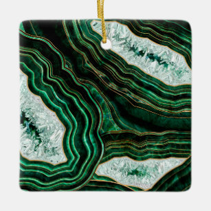 Moss Green Geode and Crystals Digital Art Ceramic Ornament