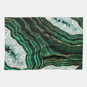 Moss Green Geode and Crystals Digital Art Tea Towel
