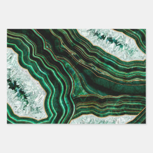 Moss Green Geode and Crystals Digital Art Wrapping Paper Sheet