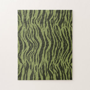 Moss Green Glamourous Tiger Stripes Animal Print Jigsaw Puzzle