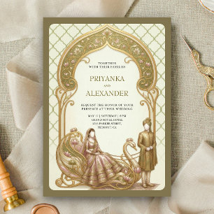 Moss Green Gold Lotus Swan Chariot Indian Wedding Invitation