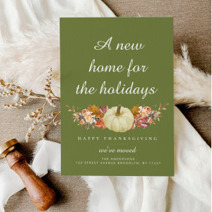 moss green happy thanksgiving moving announcement postcard