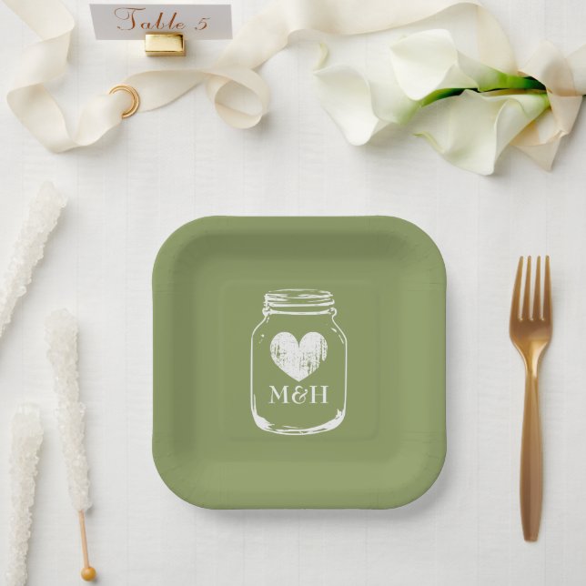 Moss green mason jar drawing wedding party plates (Wedding)