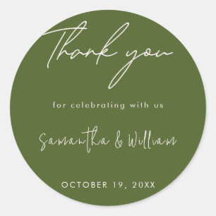 Moss Green Minimalist Script   Modern Wedding Classic Round Sticker