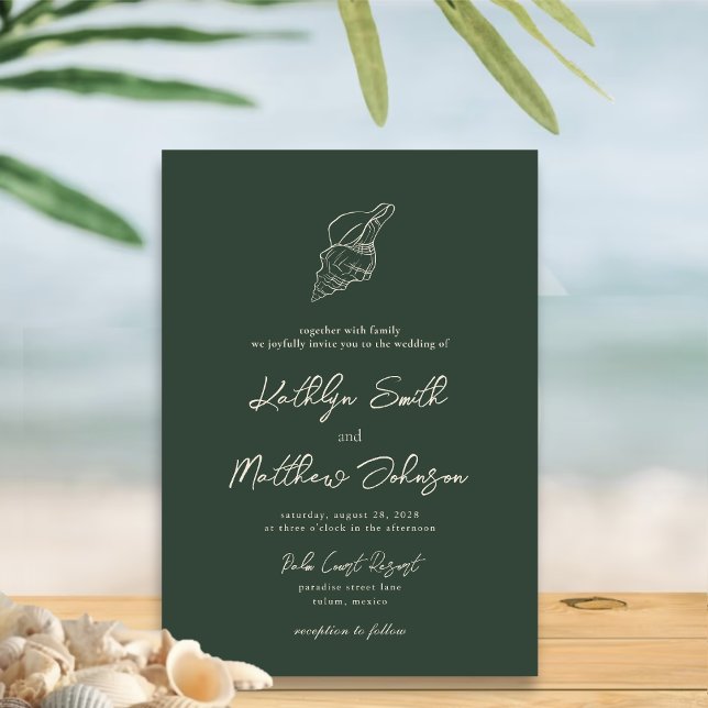 Moss Green Modern Shell Beach Destination Wedding Invitation (Creator Uploaded)