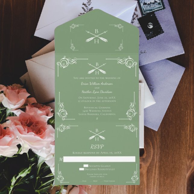 Moss Green Monogram and Arrows Wedding All In One Invitation (Moss Green Monogram and Arrows Wedding All in One Invitation)
