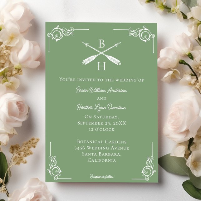 Moss Green Monogram and Arrows Wedding Invitation (Moss Green Monogram and Arrows Wedding Invitation)