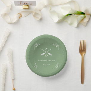 Moss Green Monogram and Arrows Wedding Paper Plate