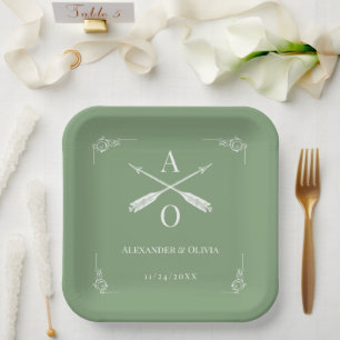 Moss Green Monogram and Arrows Wedding Paper Plate