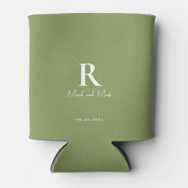 Moss Green Monogram and Couple Names Wedding Can Cooler (Front)
