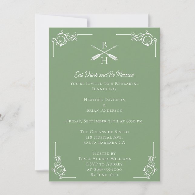 Moss Green Monograms and Arrows Rehearsal Dinner Invitation (Front)