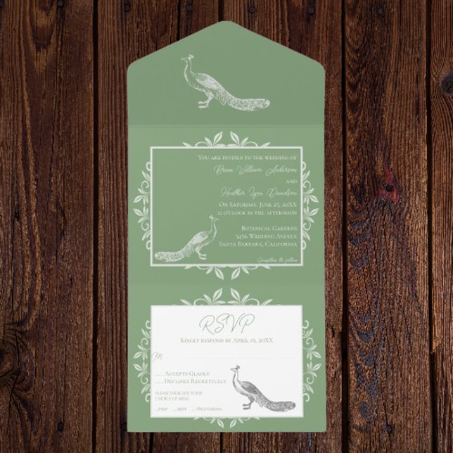 Moss Green Peacock Flourish All In One Invitation (Moss Green Peacock Flourish All in One Invitation)