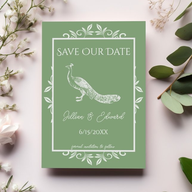 Moss Green Peacock Flourish Save The Date Announcement (Moss Green Peacock Flourish Save the Date)