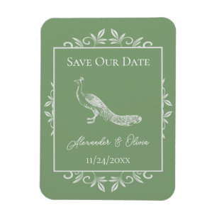Moss Green Peacock Flourish Save The Date Magnet