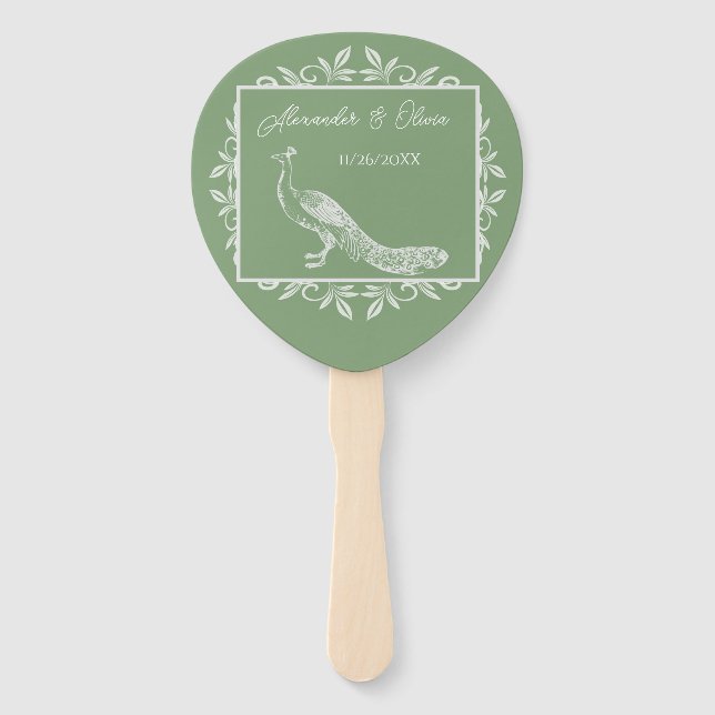 Moss Green Peacock Flourish Wedding Favour Hand Fa Hand Fan (Front)