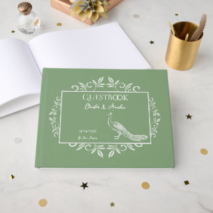 Moss Green Peacock Flourish Wedding Guest Book