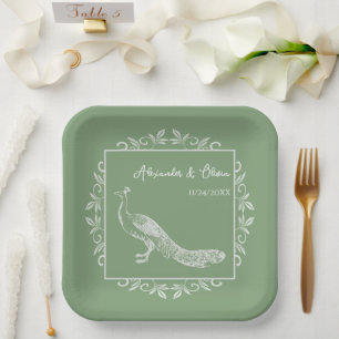 Moss Green Peacock Flourish Wedding Shower Paper Plate