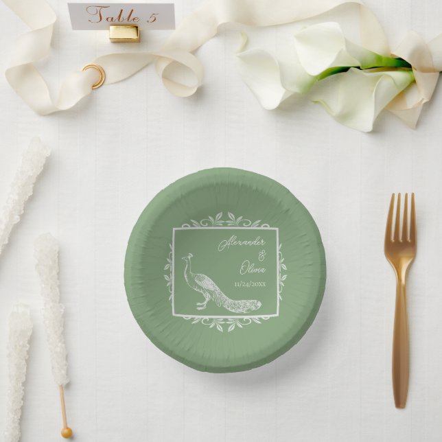 Moss Green Peacock Flourish Wedding Shower Paper Plate (Wedding)