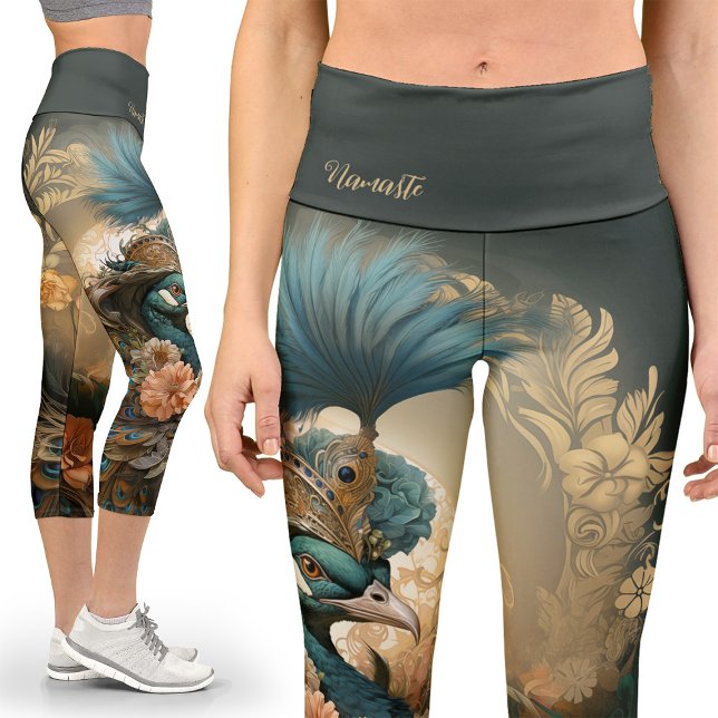 Moss Green Regal Anthropomorphic Peacock Victorian Capri Leggings (Creator Uploaded)