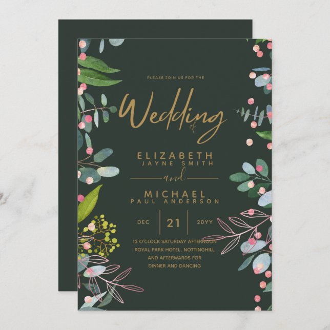 Moss Green  Rose Gold Wedding Invites (Front/Back)