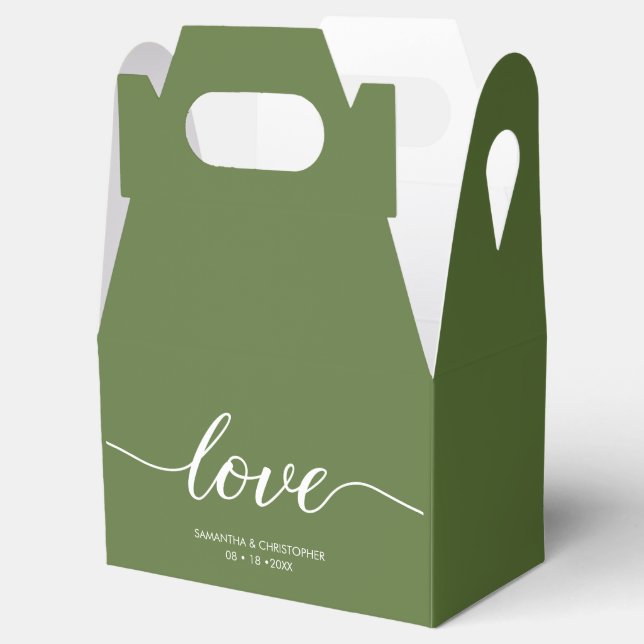 Moss green Simple Love Script Wedding custom Favour Box (Opened)