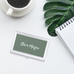 Moss Green Sketched Cursive Script Business Card Holder<br><div class="desc">Elegant business card case features your name,  title,  or choice of personalization in white hand scripted cursive lettering on a dark moss green background.</div>