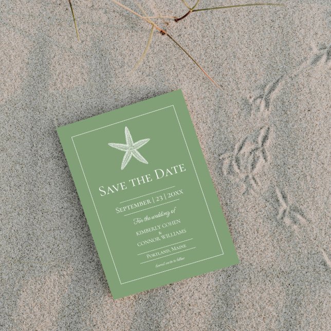 Moss Green Starfish Monogram Photo Save The Date (Moss Green Starfish Monogram Photo Save the Date)