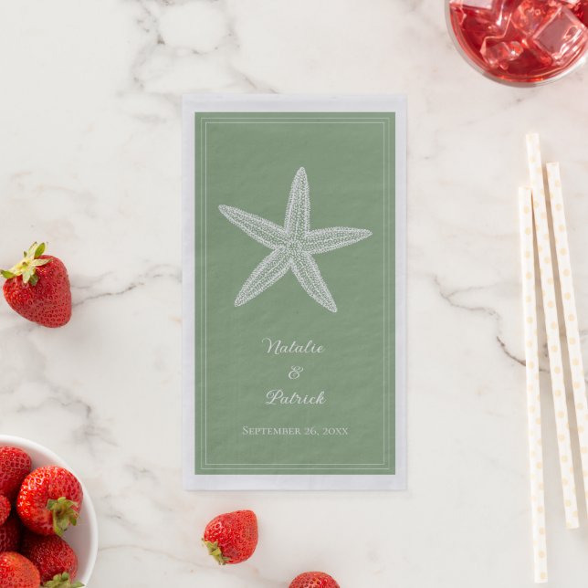Moss Green Starfish Wedding Napkin (Insitu)